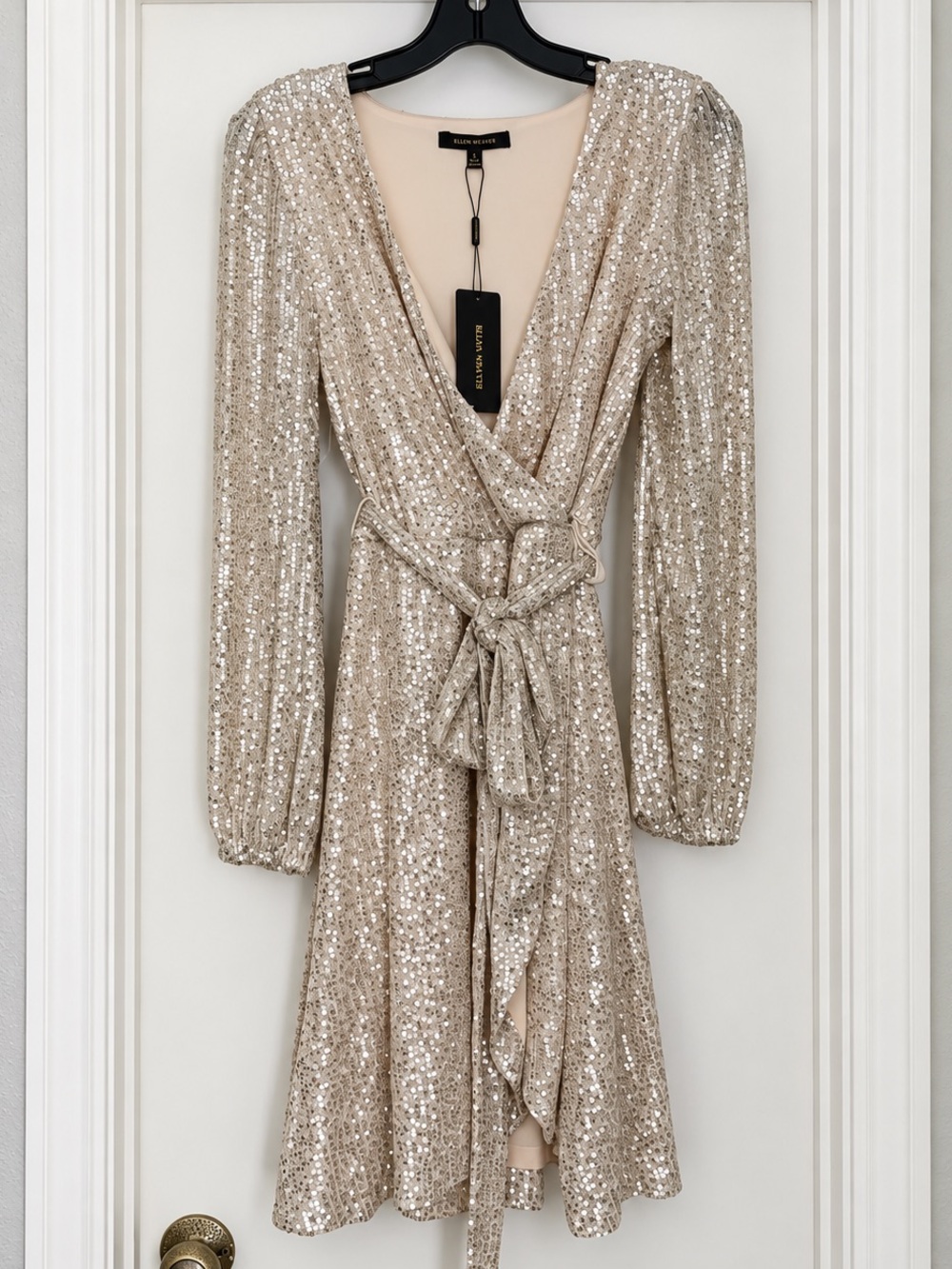 Ellen Weaver Champagne Sequin Wrap Long Sleeve Cocktail Party Dress Size S NWT